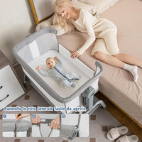 Culla Neonato Fianco 4 IN 1, Culla Co-sleeping con Spondina Apribile, Altezza Regolabile, Inclinabile, Materasso Ruote Borsa da Viaggio Zanzariera Inclusi, 0-6 Mesi Fino a 9 kg (Grigio)