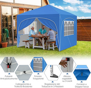 Gazebo Piehevole da Esterno 3 x 3 m, Gazebo Regolabile in Altezza con Pareti Rimovibili, Borsa con Ruote, Picchetti, Ancoraggi, Corde Vento e Sacchi di Sabbia, Tendone per Giardino (Blu)