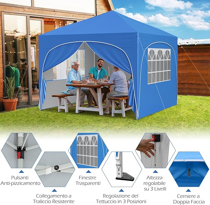 Gazebo Piehevole da Esterno 3 x 3 m, Gazebo Regolabile in Altezza con Pareti Rimovibili, Borsa con Ruote, Picchetti, Ancoraggi, Corde Vento e Sacchi di Sabbia, Tendone per Giardino (Blu)