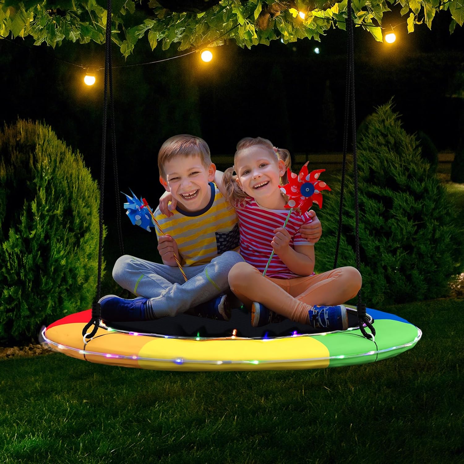 Altalena a Nido 100 cm per Bambini e Adulti, Altalena Rotonda con Luci LED Colorate e 2 Funi Regolabili, Capacità di Carico 300 kg da Giardino Esterno (Colorato)
