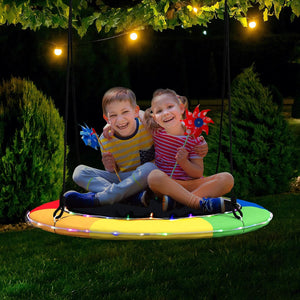 Altalena a Nido 100 cm per Bambini e Adulti, Altalena Rotonda con Luci LED Colorate e 2 Funi Regolabili, Capacità di Carico 300 kg da Giardino Esterno (Colorato)