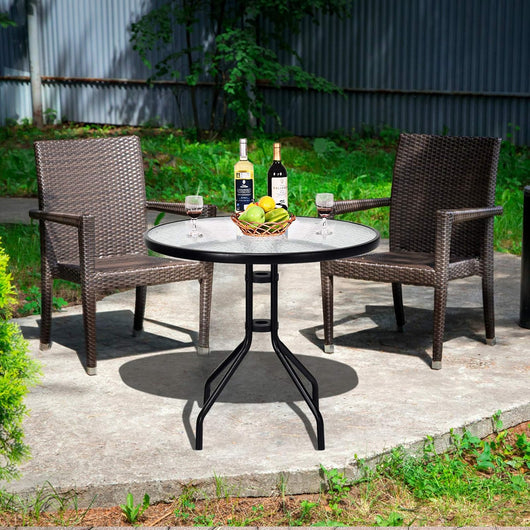 Tavolo da Patio da 70 cm, Tavolino Rotondo da Giardino in Vetro Temperato, con Gambe in Metallo, Foro per Ombrellone, per Giardino, Balcone, Fino a 50 kg, 70 x 70 x 71 cm