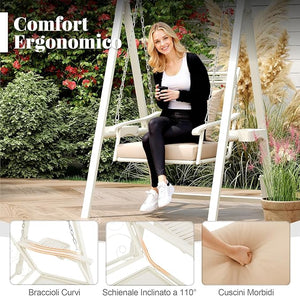 Sedia Sospesa da Esterno, Sedia a Dondolo Singola con Cuscini Removibili e Tavolini Laterali per Giardino, Portata 160 kg, Altalena con Supporto da Esterno ed Interno (Bianco)