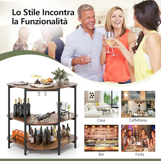 Tavolo da Bar 120 x 66 x 102 cm, Portabottiglie Vino a 3 Ripiani con Portabicchieri e Mensole di Stoccaggio, Isola Cucina Industriale per Bistro (Marrone)