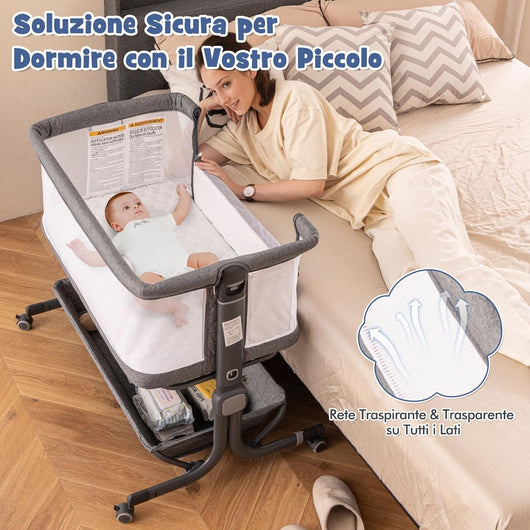Culla da Affiancare per Neonati, Culla per Bambini con Altezza Regolabile a 6 Livelli, con Mensola Portaoggetti, Materasso e Borsa da Trasporto, per Bambini 0-6 Mesi (Grigio Scuro)