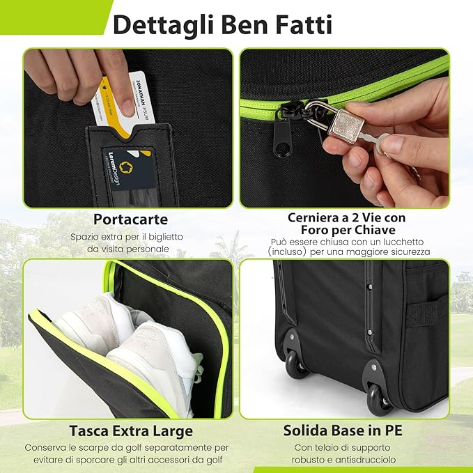 Borsa da Viaggio per Golf con Ruote Morbide, Custodia Resistente all'Usura e Impermeabile in Oxford con Tasca Extra, Zip e Chiave, Copertura Pieghevole per Mazze da Golf