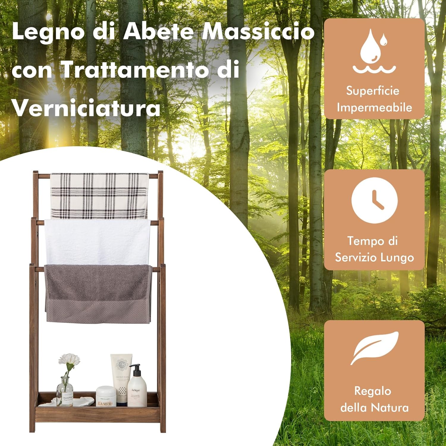 Portasciugamani in Legno da Terra, Porta Asciugamani a 3 Livelli con Mensola Inferiore, Dispositivo Anti-Ribaltamento, Supporto Leggero per Asciugamani da Bagno e Stanza Lavanderia (Marrone)