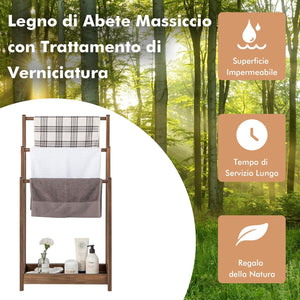 Portasciugamani in Legno da Terra, Porta Asciugamani a 3 Livelli con Mensola Inferiore, Dispositivo Anti-Ribaltamento, Supporto Leggero per Asciugamani da Bagno e Stanza Lavanderia (Marrone)