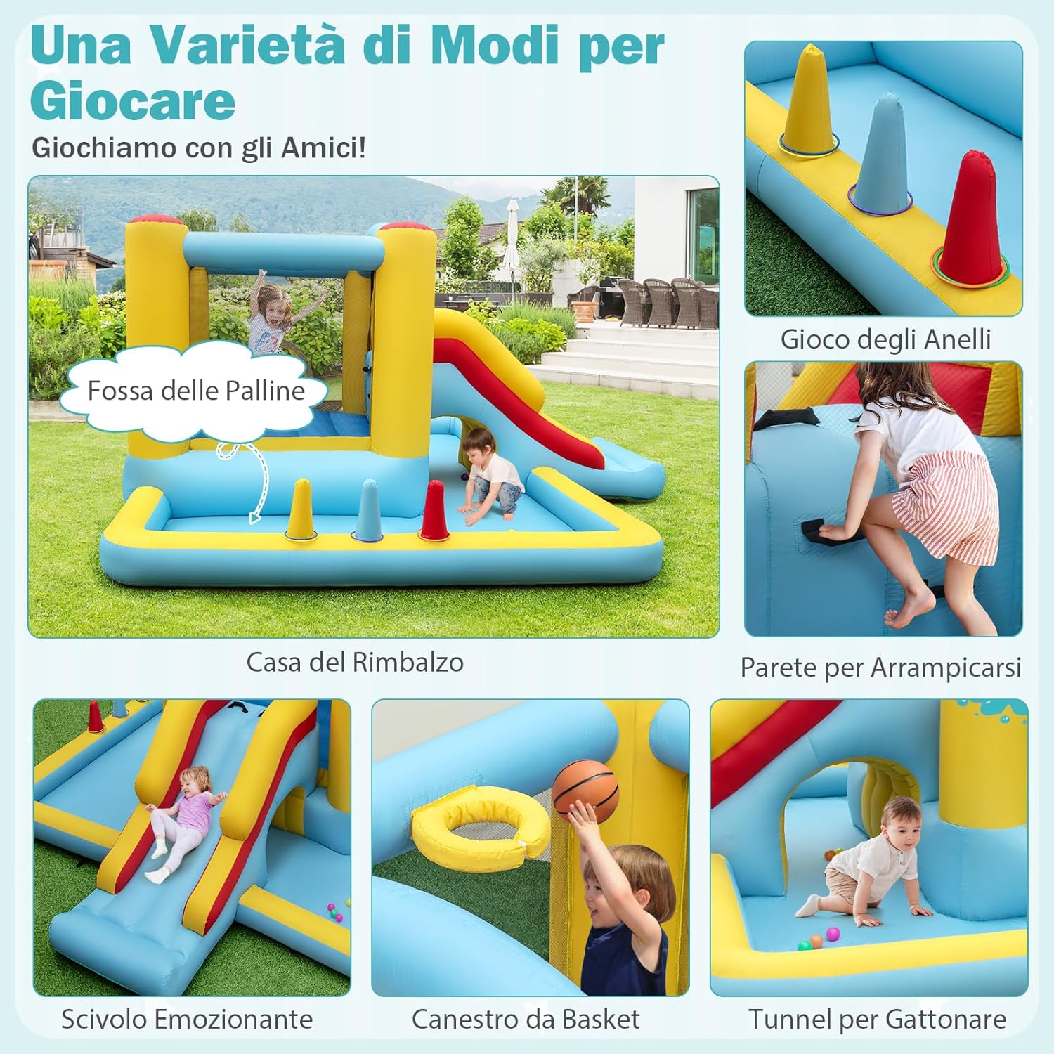 Castello Gonfiabile 7 in 1 per Bambini con Scivolo, Castello Gonfiabile con Mongolfiera, 50 Palline, Anelli e Basket, Gioco Gonfiabile da Interno ed Esterno, per Bambini da 3 a 10 Anni