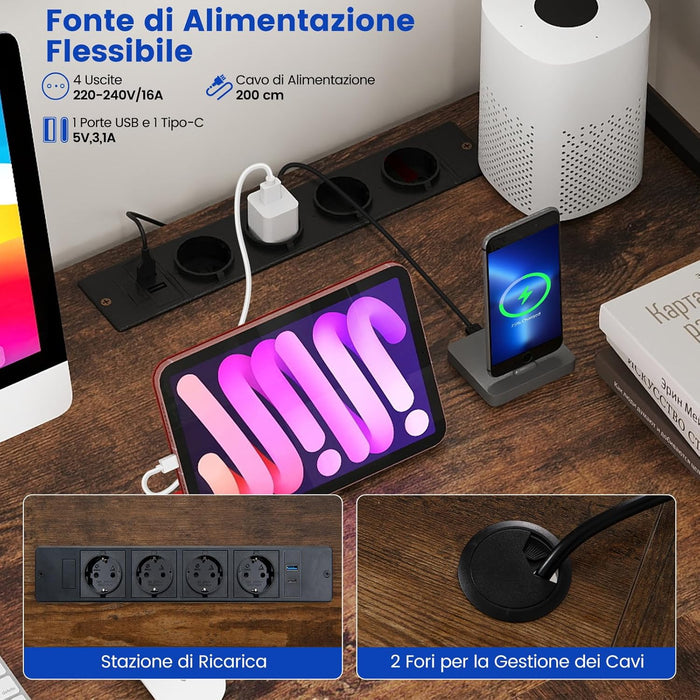 Scrivania per Computer a Forma di L, Tavolo da Gioco con Scaffale Regolabile, Gancio, Supporto per CPU, Striscia LED, Telecomando e Prese di Corrente, Desk per Studiare e Lavorare (Marrone)