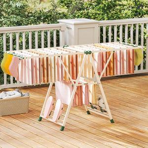 Stendibiancheria con 20 Barre, Stendino Pieghevole in Metallo Regolabili in Altezza, Clips per Calzini, Supporto per Abbigliamento Autoposante a Ali per Interno Esterno (Beige)