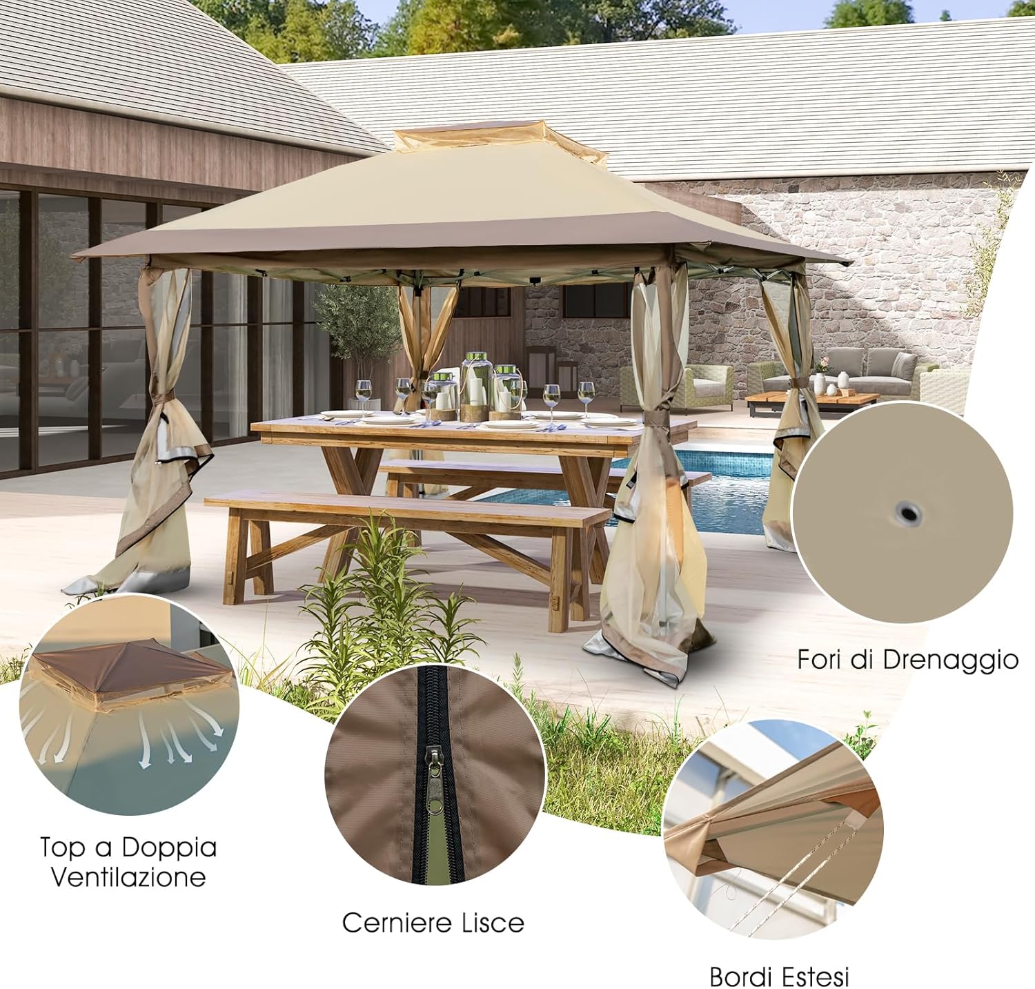 Gazebo Pieghevole da Giardino 3,6 x 3,6m, Gazebo Pop-up con Borsa da Trasporto con Ruote, Regolabile in Altezza, per Feste, Barbecue, Giardino e Spiaggia (Con Rete)