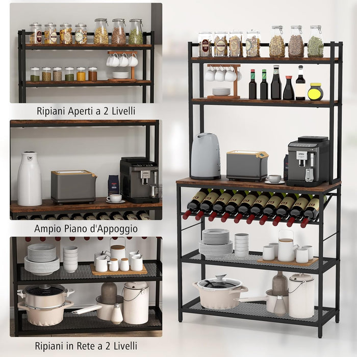 Scaffale da Cucina a 6 Ripiani con Portabottiglie, Scaffale Porta Microonde con Portabottiglie Inclinato e 2 Ripiani in Rete, per Cucina, Sala da Pranzo, 90x35x165 cm