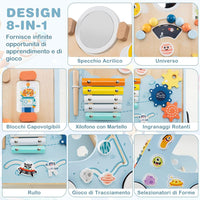 Carrellino Primi Passi 8 in 1, Girello in Legno per Bambini, Giocattolo Montessori, Centro Attività di Apprendimento a Spinta, Giocattolo a Spinta per Bambini di 1+ Anni (Blu)
