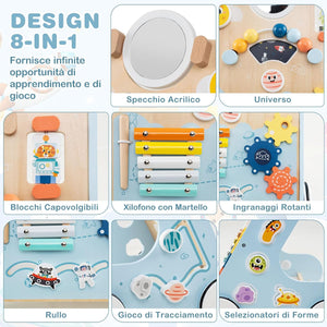 Carrellino Primi Passi 8 in 1, Girello in Legno per Bambini, Giocattolo Montessori, Centro Attività di Apprendimento a Spinta, Giocattolo a Spinta per Bambini di 1+ Anni (Blu)