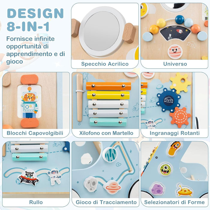 Carrellino Primi Passi 8 in 1, Girello in Legno per Bambini, Giocattolo Montessori, Centro Attività di Apprendimento a Spinta, Giocattolo a Spinta per Bambini di 1+ Anni (Blu)