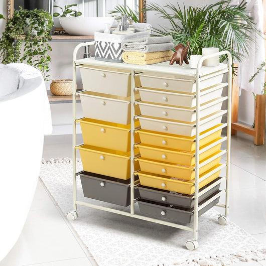 Carrelli Porta Oggetti, con 10+5 Cassetti Impilabili, 2 Ruote Bloccabili, Braccioli Metallici, Portabile e Pratico, per Ufficio, Studio, Cucina,Bagno, 5 Colori Disponibili, 62,5x37x87 cm