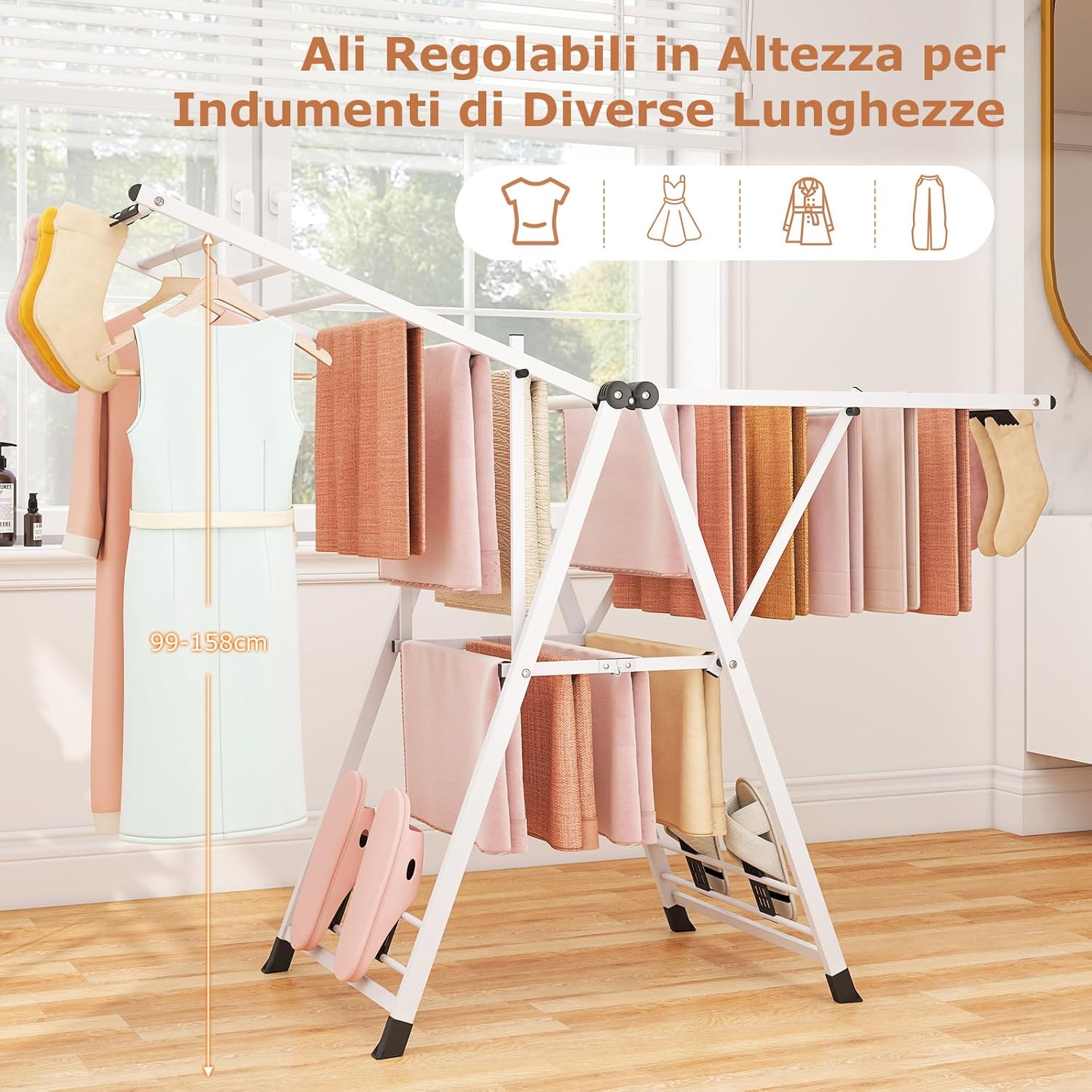 Stendibiancheria con 18 Barra, Stendino Pieghevole in Metallo con Ali Regolabili in Altezza, Clips per Calzini, Supporto per Abbigliamento Autoposante a Ali per Interno Esterno (Bianco)