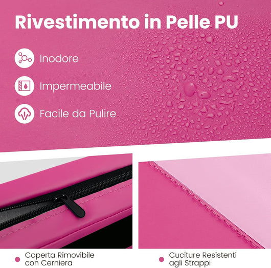 Tappetino per Ginnastica Pieghevole a 4 Pannelli con Maniglie, 300 x 117 x 5 CM, Tappetino in Ecopelle con Chiusure a Strappo per Ginnastica, Yoga, Stretching & Capriole（Rosa)