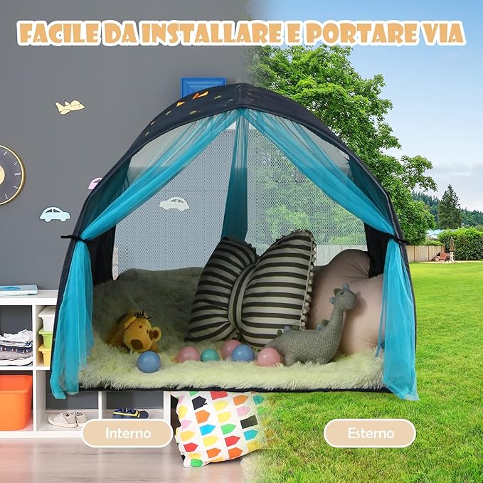 Tenda da Gioco per Bambini, Tenda per Letto con Borsa di Trasporto, Casetta per Bambini Portatile, per Camera da Letto Salone Giochi, 144 x 102 x 82 cm (Blu)
