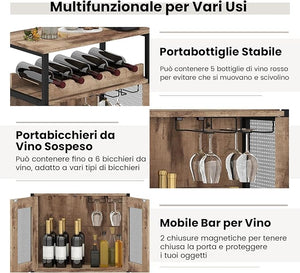 Armadio per Vino con Portaoggetti, Portabottiglie di Vino con Portabottiglie e Porta Bicchieri Rimovibili, Armadietto con Portabottiglie, 60 x 34 x 79 cm (Marrone Chiaro)