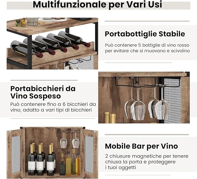 Armadio per Vino con Portaoggetti, Portabottiglie di Vino con Portabottiglie e Porta Bicchieri Rimovibili, Armadietto con Portabottiglie, 60 x 34 x 79 cm (Marrone Chiaro)