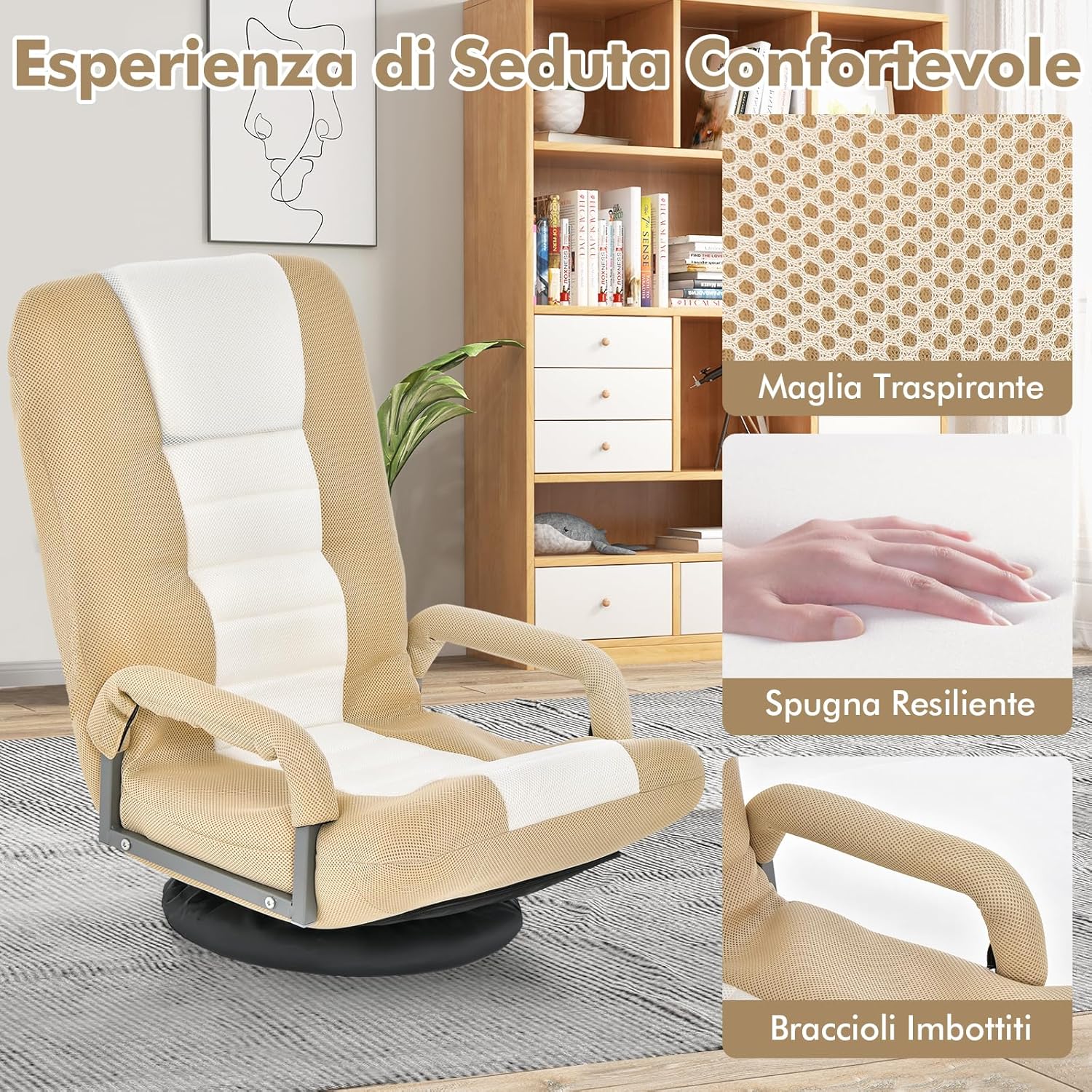 Sedia da Pavimento Pieghevole, Poltrona Sedia da Yoga per Meditazione, Portatile Inclinabile Girevole, da Salotto Camera da Letto (Marrone chiaro)