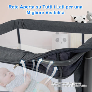 3 in 1 Culla Neonato Fianco Letto, Lettino Neonato Dondolo con Materasso, Culla Co-Sleeping Fino a 9 kg, Altezza Regolabili, Inclinazione di 10°, 84 x 59,5 x 80,5cm (Grigio Scuro)