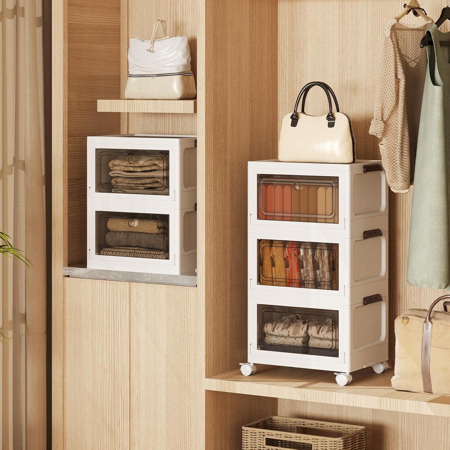 Set da 3 Contenitori Impilabili, Scatole Pieghevoli da 75/105 L con Ruote Bloccabili Porta e Coperchio, Organizzatori per Armadio, Multiuso per Casa Dormitorio (41 x 31,5 x 72,5 cm)