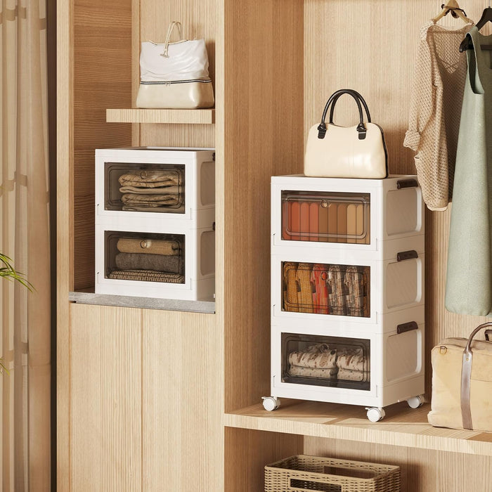 Set da 3 Contenitori Impilabili, Scatole Pieghevoli da 75/105 L con Ruote Bloccabili Porta e Coperchio, Organizzatori per Armadio, Multiuso per Casa Dormitorio (41 x 31,5 x 72,5 cm)