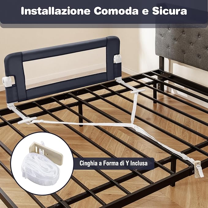 Sponda Letto per Bambini 105/120/150 cm, Barriera di Sicurezza per Neonati, Barriera Letto Pieghevole e Portatile, con Cinghia di Sicurezza (Grigio Scuro, 105 x 38 x 43 cm)