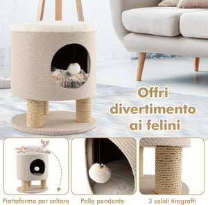 Casetta per Animali Domestici, Cuccia per Gatti con Pali Tiragraffi e Pallina di Peluche, Mobile Multiuso 3-IN-1 per Gatti Piccoli e Medi (Beige)