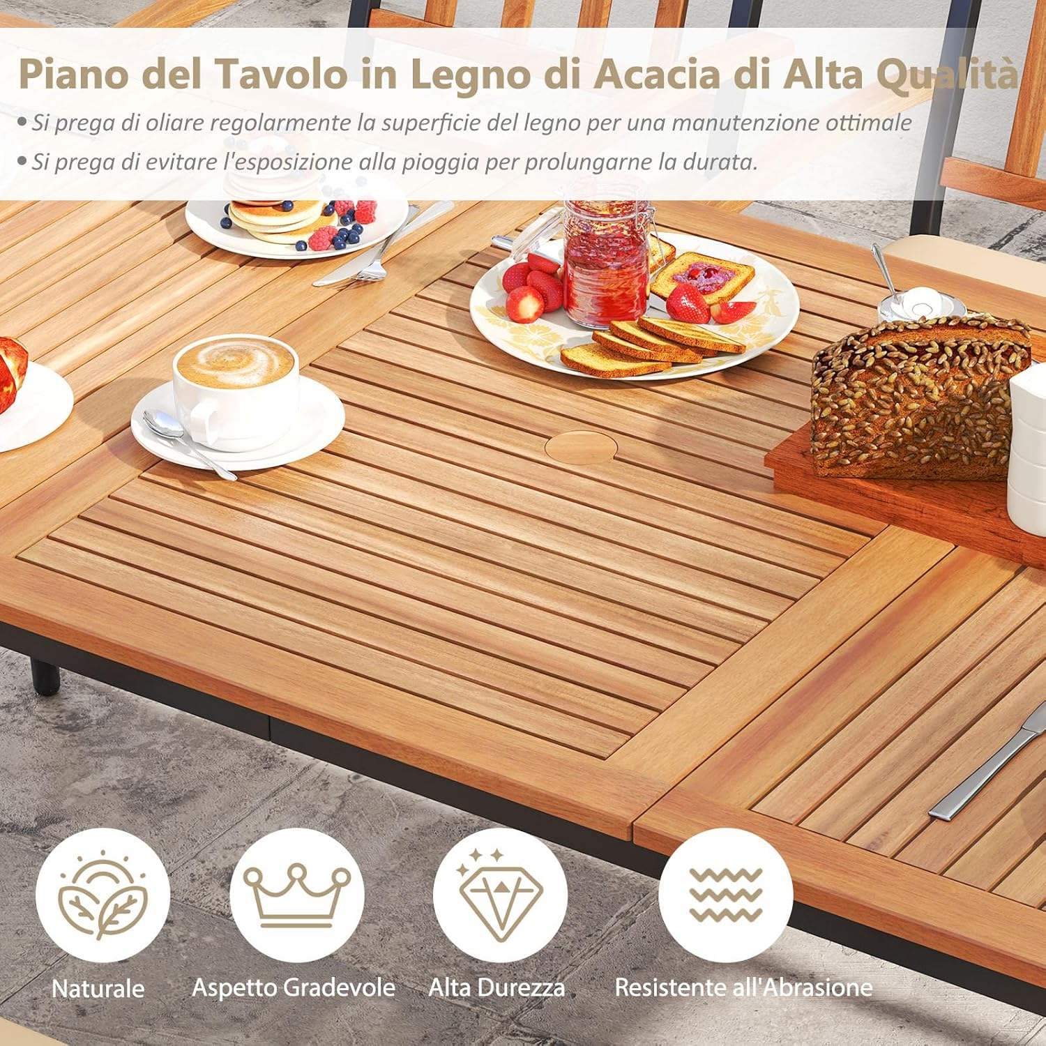 Tavolo da Pranzo a 8 Posti, Tavolo da Giardino 200 cm in Legno di Acacia, con Foro per Ombrellone da 5 cm, Gambe in Metallo, per Giardino, Cortile, Portata 75 kg (Modello 5)