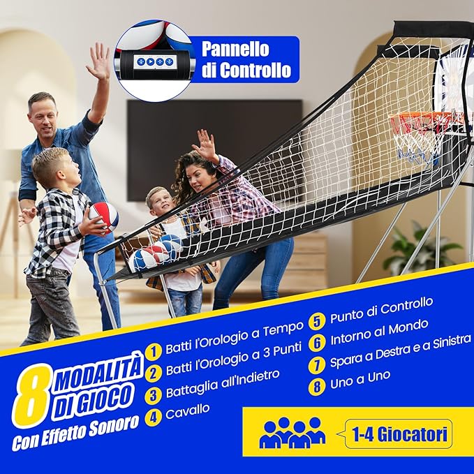 Macchina da Pallacanestro Elettronica Pieghevole, Gioco Arcade da Basket a Doppio Tiro per Casa con 8 Modalità di Gioco, Suono Arcade, Punteggio Elettronico, 4 Palloni e Pompa (Blu e rosso)