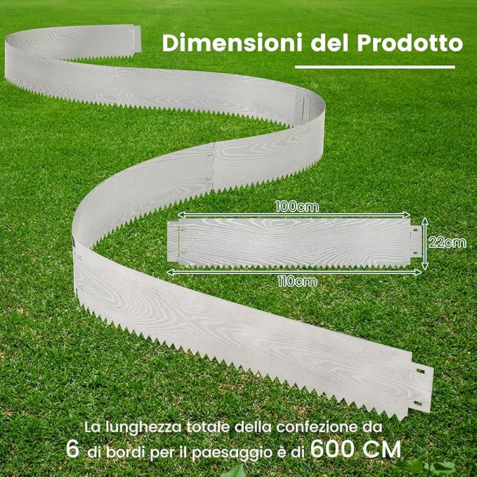 Bordatura da Giardino 6 M, Set di 6 Bordi per Aiuola 110 x 22 cm in Metallo Zincato con Paio di Guanti, Recinzione Flessibile per Prato, Cortile e Giardino