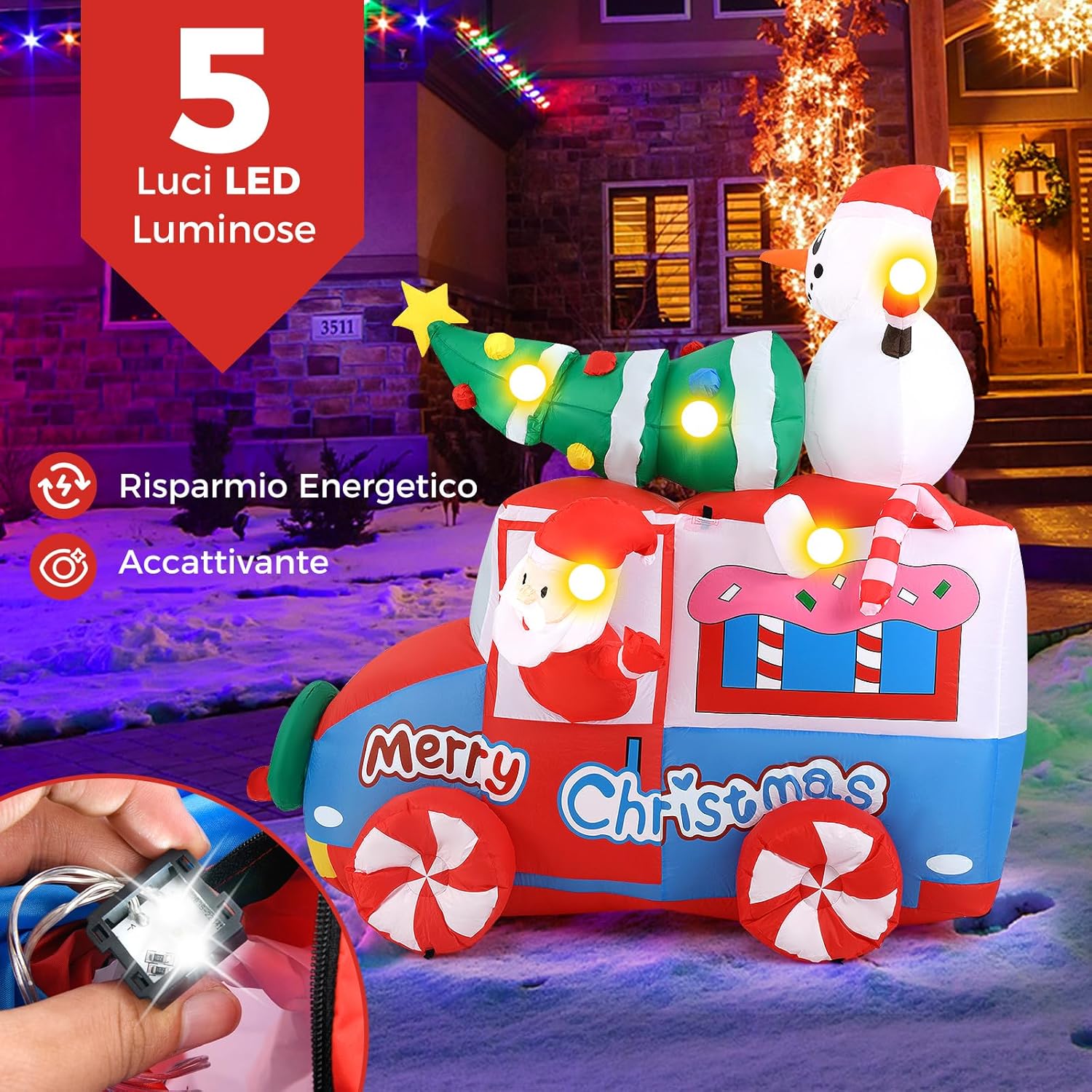 Babbo Natale Gonfiabile con Auto 177 cm, Decorazione Gonfiabile Natalizia con Babbo Natale, Pupazzo di Neve e Albero di Natale, 5 Luci LED Interne e Ventola Integrata