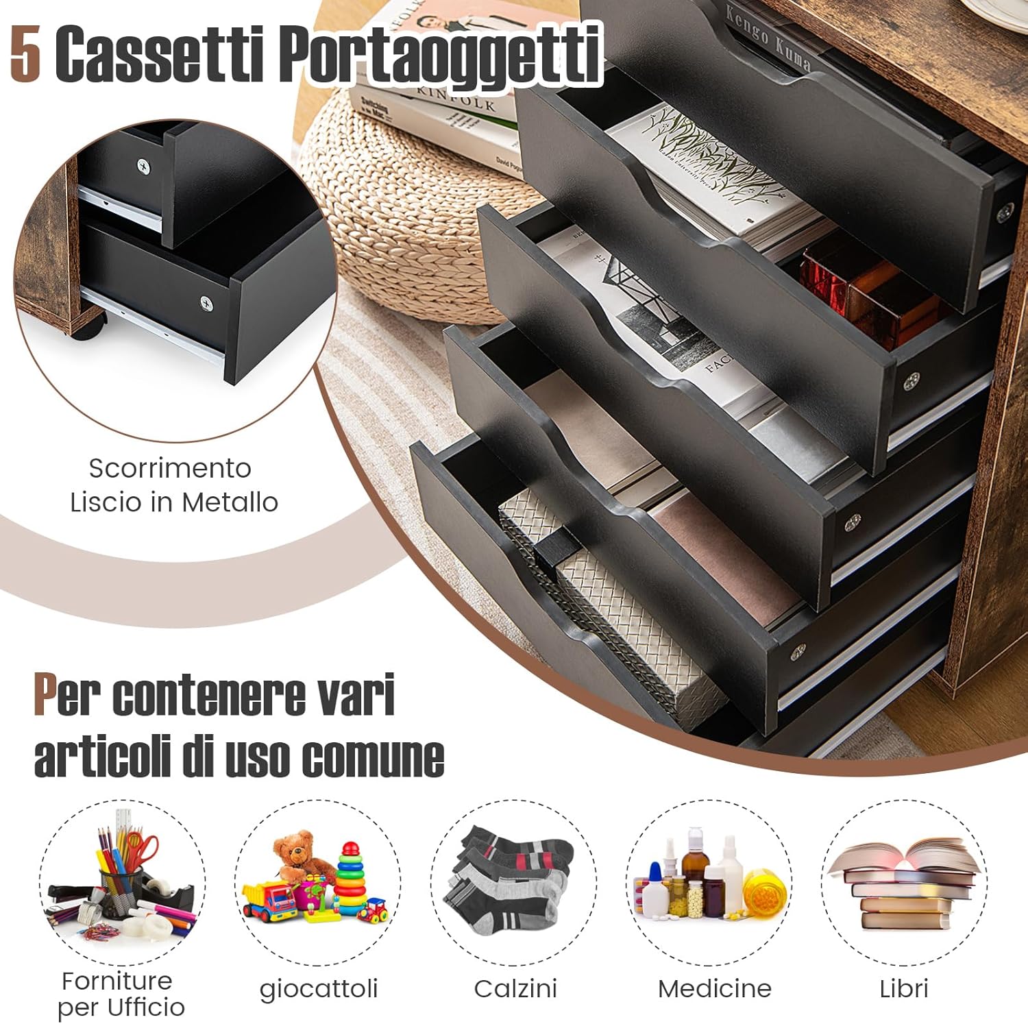 Cassettiera da Ufficio con 5 Cassetti e Ruote, Mobiletto Multiuso per Documenti e Cosmetici, Comodino con Ruote per Camera da letto Studio Ufficio e Soggiorno (Marrone)
