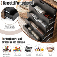 Cassettiera da Ufficio con 5 Cassetti e Ruote, Mobiletto Multiuso per Documenti e Cosmetici, Comodino con Ruote per Camera da letto Studio Ufficio e Soggiorno (Marrone)