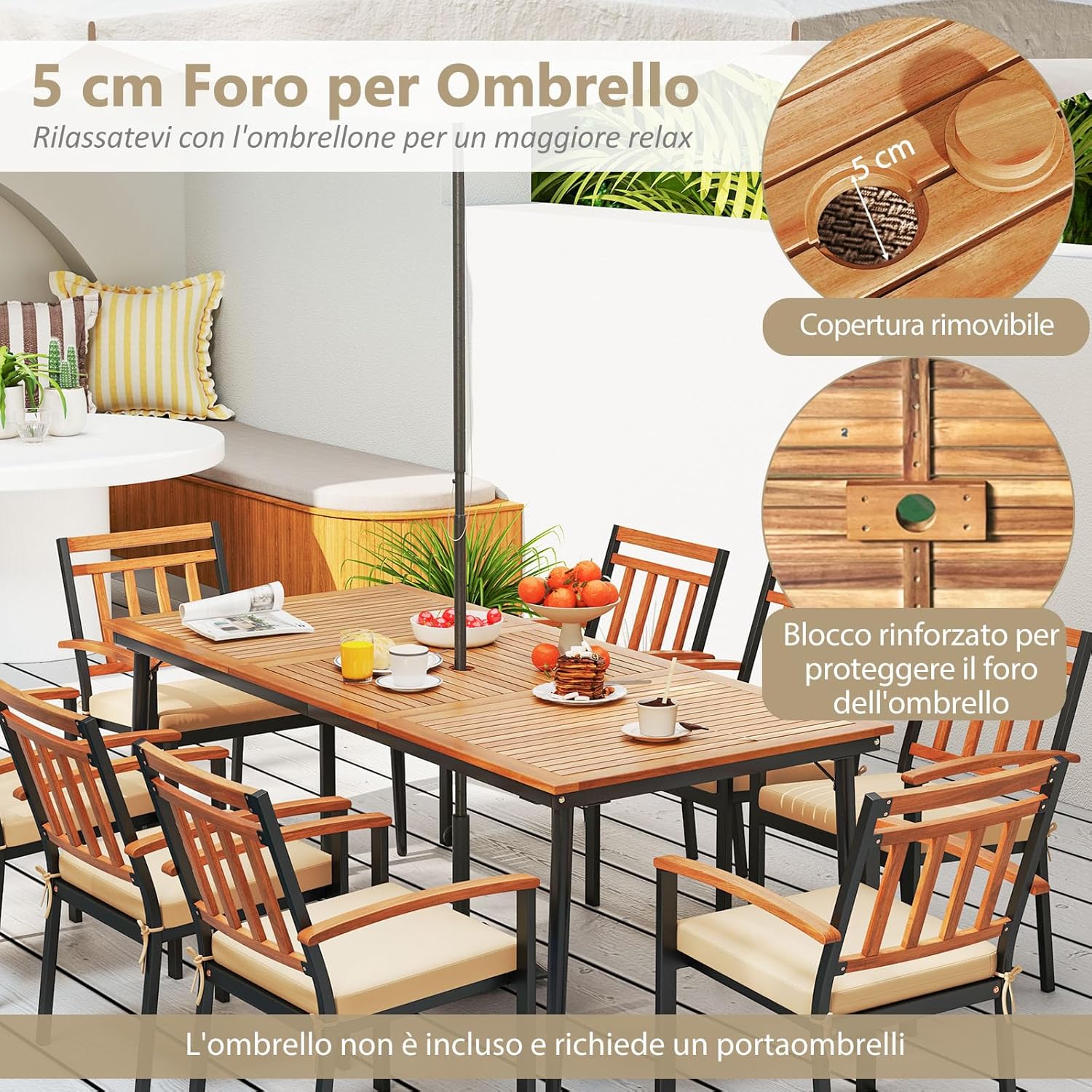 Tavolo da Pranzo a 8 Posti, Tavolo da Giardino 200 cm in Legno di Acacia, con Foro per Ombrellone da 5 cm, Gambe in Metallo, per Giardino, Cortile, Portata 75 kg (Modello 5)