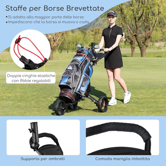 Carrello da Golf Pieghevole con 3 Ruote, Trolley da Golf con Portaombrelli e Porta Bicchiere, Golf Cart Apertura e Chiusura Facile, Nero