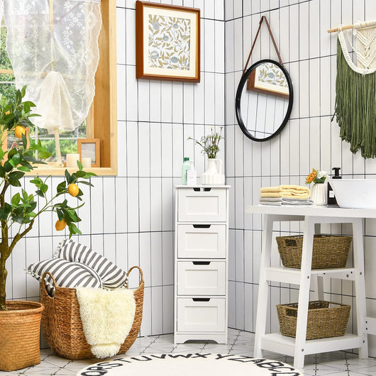 Mobile da Bagno con 4 Cassetti, Mobile Autoportante da Terra per Bagno, Mobiletto Multiuso da Soggiorno Cucina Camera da Letto Ufficio, Stile Moderno, Bianco, 30 x 30 x 83 cm