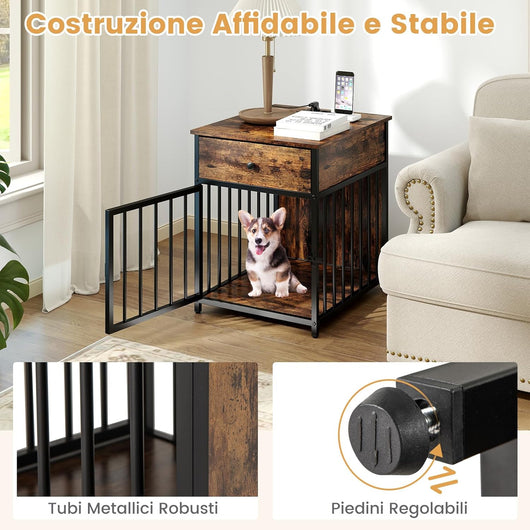 Gabbia per Cani 81 x 37 x 115 cm con 2 Prese AC, 2 Porte Usb e 1 Porta Type-C, Cuccia per Cani in Legno con Stazione di Ricarica, Cassetto e Tubi Metallici, Armadietto Multiuso