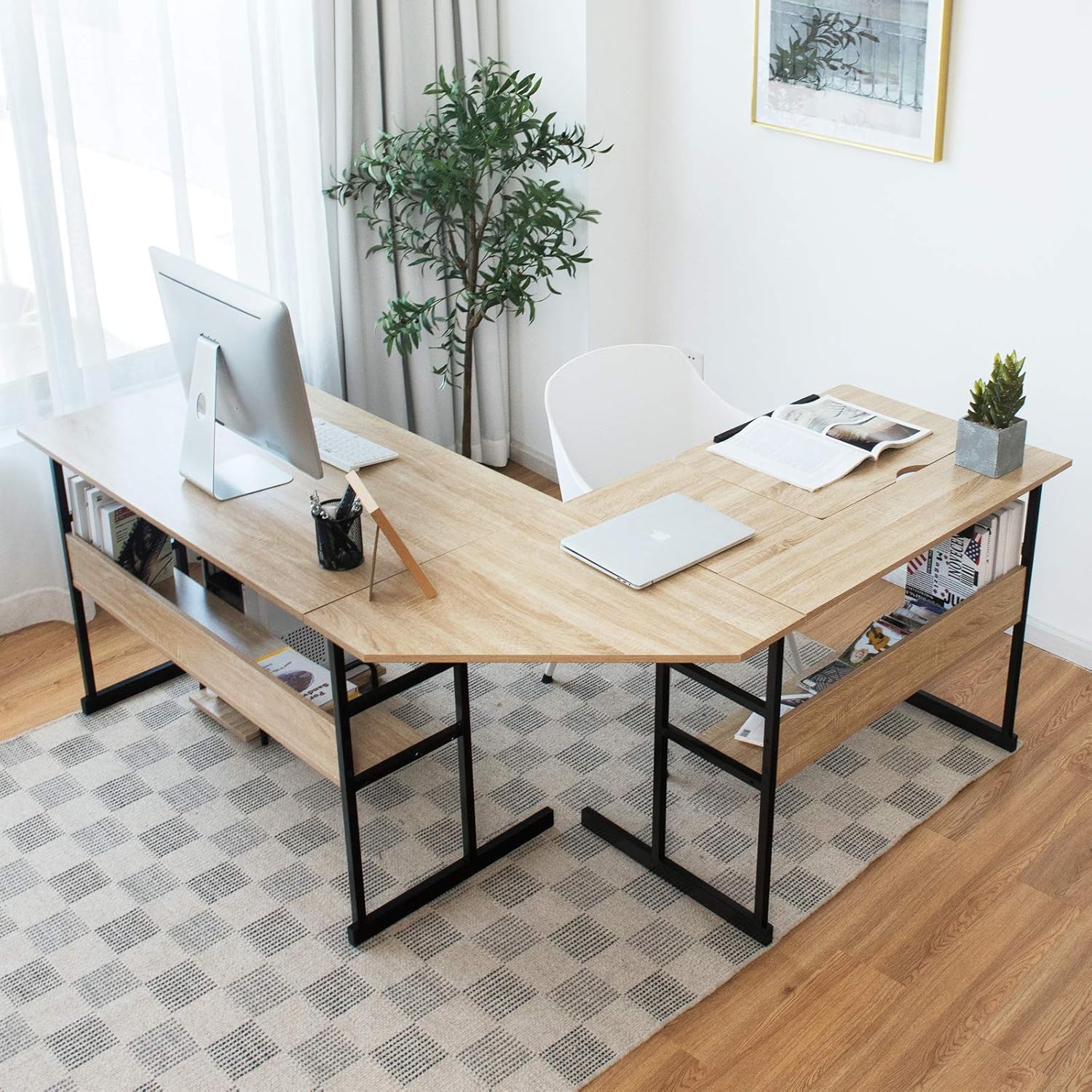 Scrivania Angolare 170 CM, Scrivania ad Angolo per Computer con Piano Inclinabile, Scaffale Inferiore e Supporto per CPU, Scrivania a Forma di L per Ufficio e Studio (Naturale)