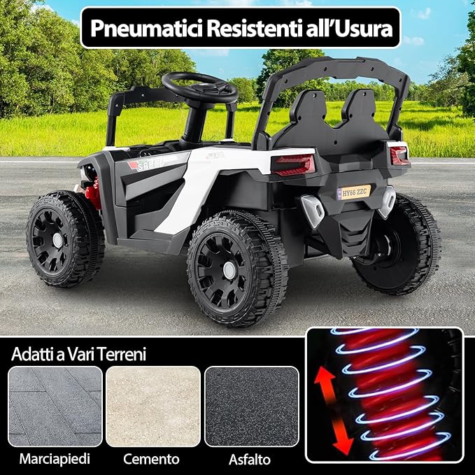 12V Macchina Elettrcia per Bambini, UTV Auto Elettrica con Telecomando, 3 Velocità, Luci LED, Musica, Clacson e Sospensioni a Molla, 3-5 km/h, Ideale per Bambini 3 Anni+ (Bianco)
