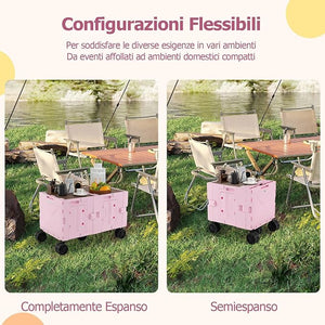 Carrello da Spiaggia Pieghevole 150 L, Carrello con Ruote Portatutto con Armadio a 2 Livelli e Manico Telescopico in Metallo, Carretto Giardino Portatile per Campeggio, Portata 120 kg (Rosa)