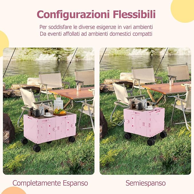Carrello da Spiaggia Pieghevole 150 L, Carrello con Ruote Portatutto con Armadio a 2 Livelli e Manico Telescopico in Metallo, Carretto Giardino Portatile per Campeggio, Portata 120 kg (Rosa)