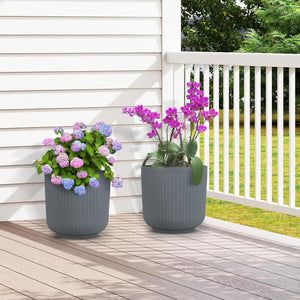 Set di Vasi Rotondi in Plastica, 2 Vasi per Fiori a Strisce con Sistema di Drenaggio Opzionale, Vasi Decorativi per Piante da Interni ed Esterni per Veranda, Giardino e Balcone