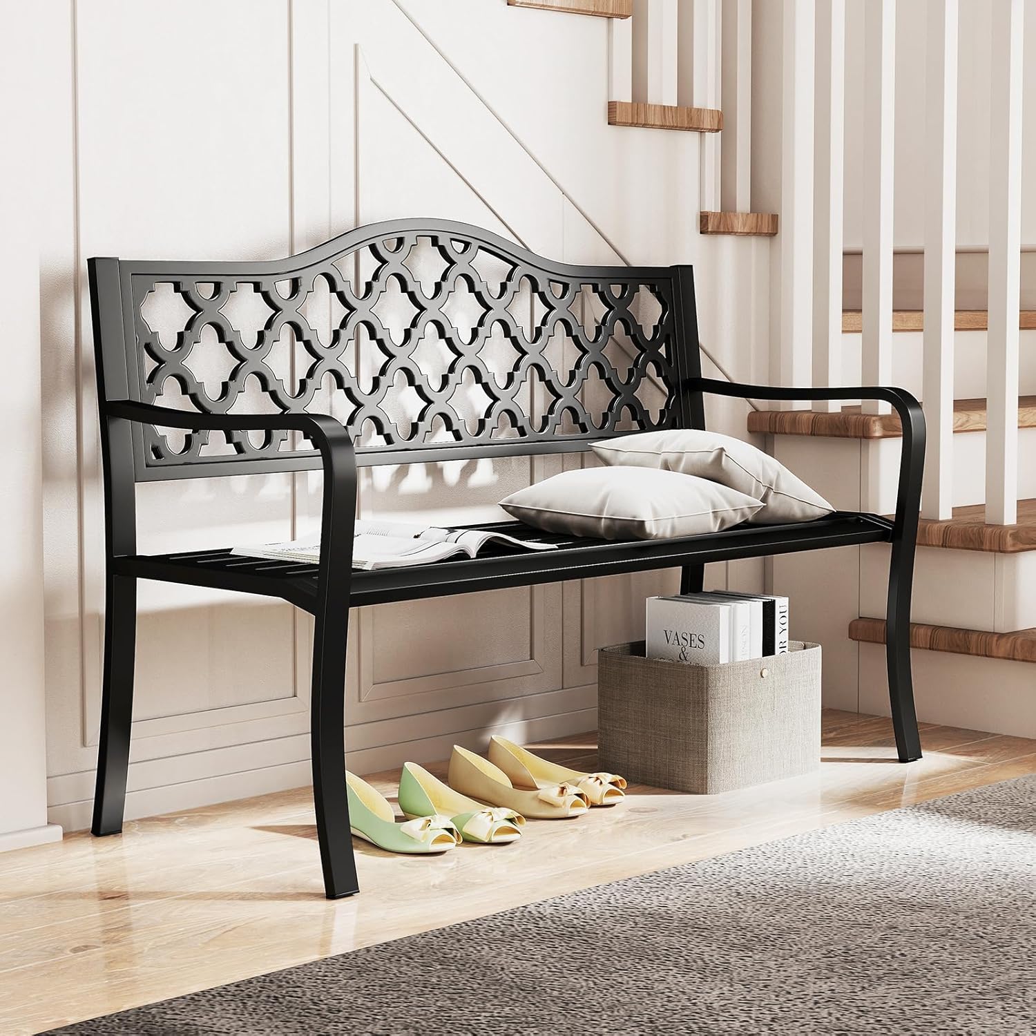 Panchina da Esterno in Metallo 128 x 54 x 89 cm per 2-3 Persone, Panca da Giardino con Doghe e Braccioli Curvati per Piscina e Veranda, Nero