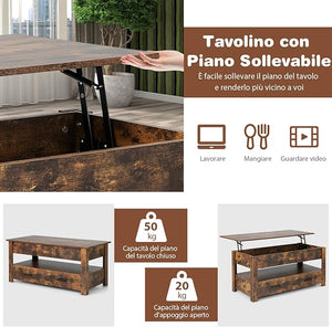 Tavolino da Caffè Sollevabile, Tavolino da Divano Industriale con 2 Cassetti, Vano Chiuso, Ripiano e Sistema di Sollevamento Pneumatico, Tavolino da Salotto, Studio e Ufficio
