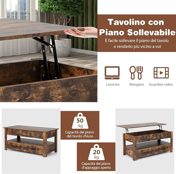 Tavolino da Caffè Sollevabile, Tavolino da Divano Industriale con 2 Cassetti, Vano Chiuso, Ripiano e Sistema di Sollevamento Pneumatico, Tavolino da Salotto, Studio e Ufficio